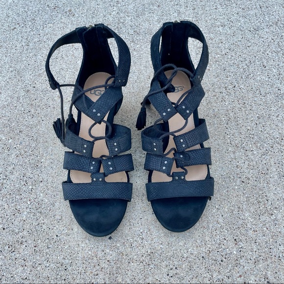 UGG Yasmin snake print wedge sandals tassel black size 7 - Picture 15 of 16